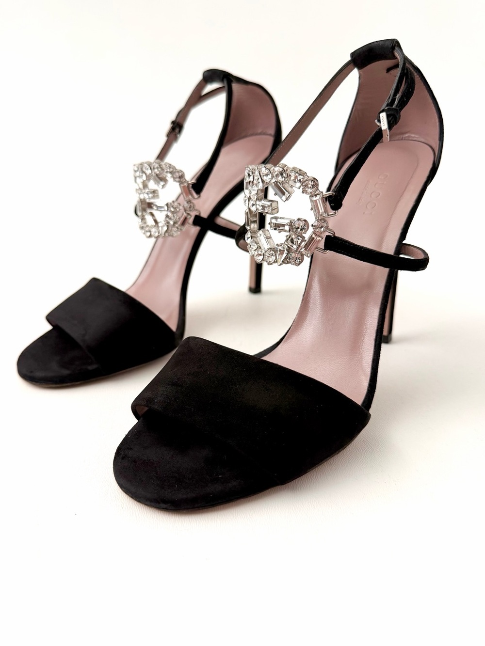 GUCCI | GG Interlocking Crystal Suede Sandals Black Ankle Strap EU 39